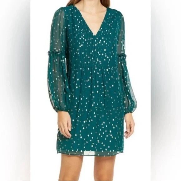 Lilly Pulitzer Cleme Spruce Green Silk Gold Metallic Dot Dress Size 14 - Picture 1 of 11